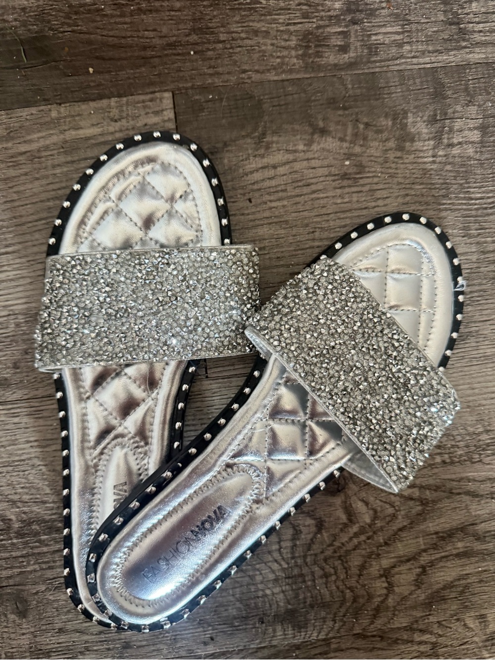 Silver Glitter Slide Sandals - Women
